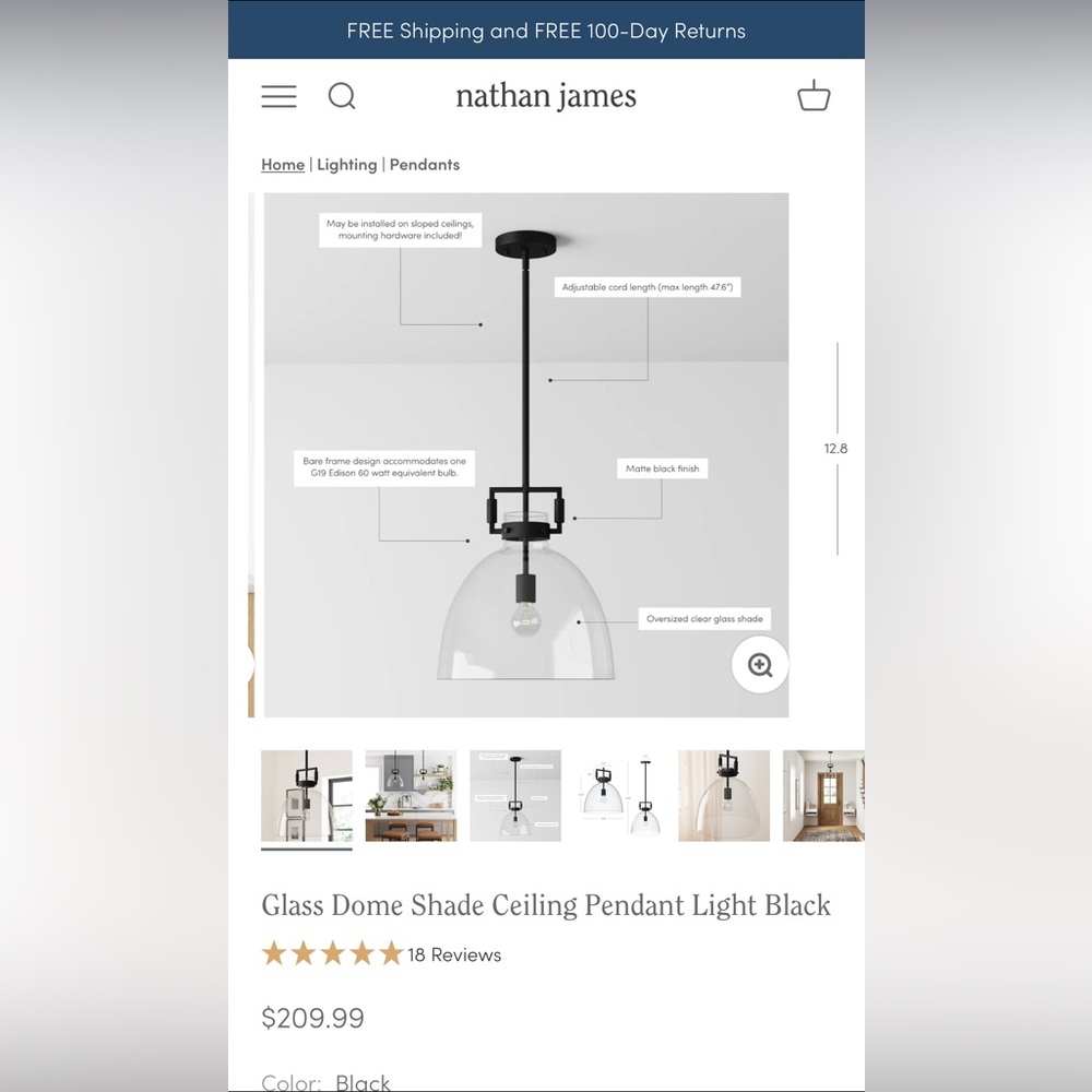 Nathan James Matte Black Vincent Pendant Light with Clear Glass Shade